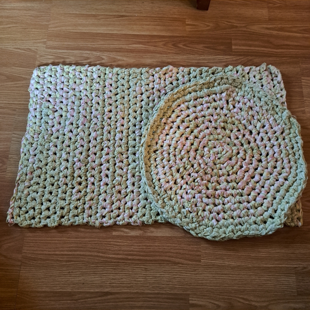 Handmade Rag Rug Crocheted Green Pink Set